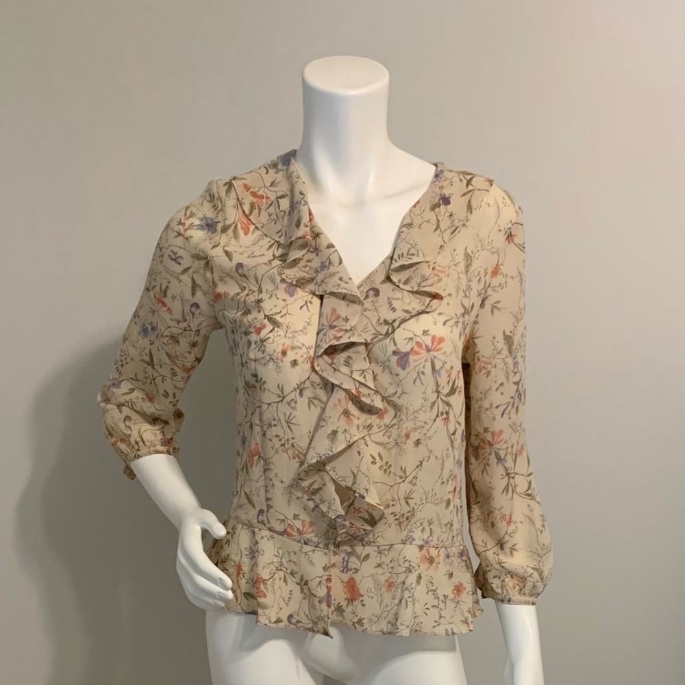 Chaps Cream Floral Blouse with Ruffles